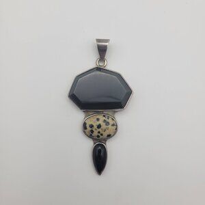Sterling Silver Obsidian Dalmatian Jasper Stone Pendant Large Signed 906
